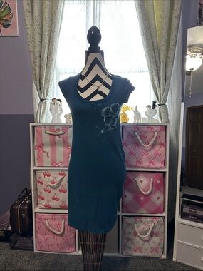 Aeropostale Teal Floral Accent Scoop Neck Dress xs